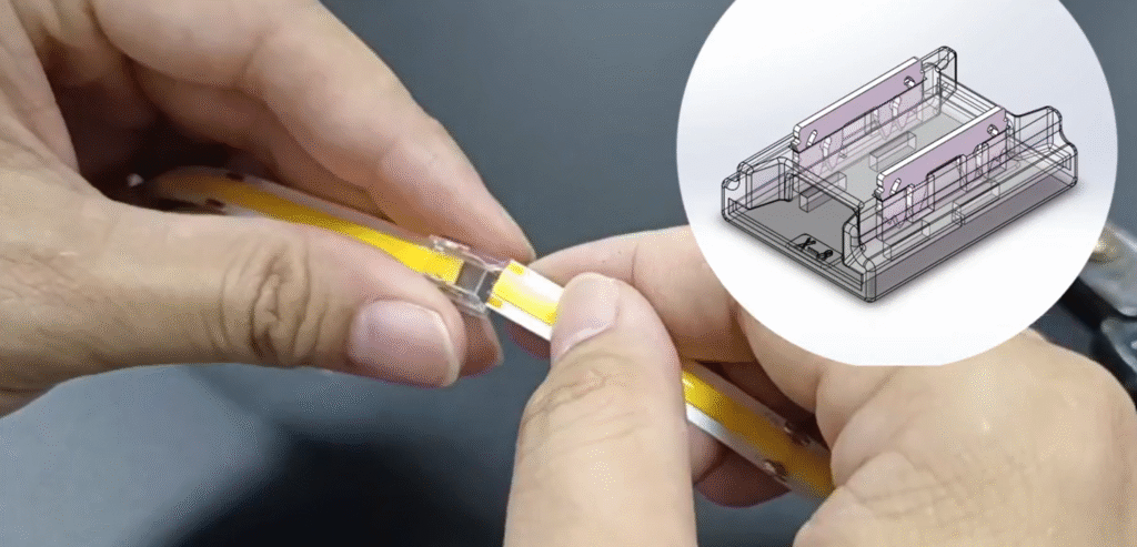 2. Putting 2 COB LED Strip into the middle fast connector
