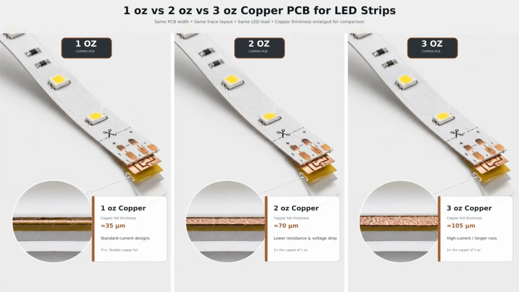 1 oz vs 2 oz vs 3 oz copper led strip