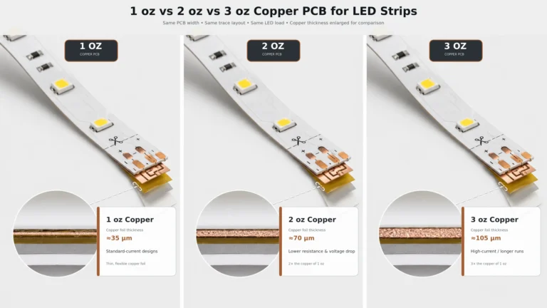 1 oz vs 2 oz vs 3 oz Copper PCB for LED Strips: Voltage Drop, Heat Dissipation and Cost Compared