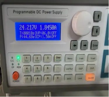 Power supply showing 44.68W during an anonymous LED strip voltage-drop test